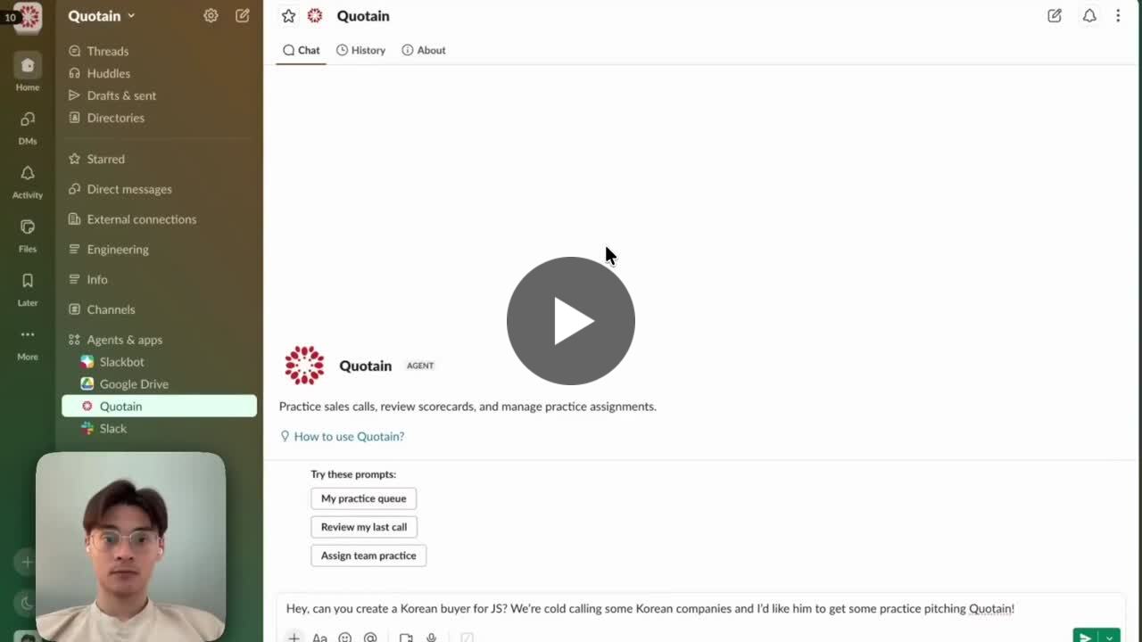 Quotain running inside Slack, with a prompt asking it to create a Korean buyer for sales practice